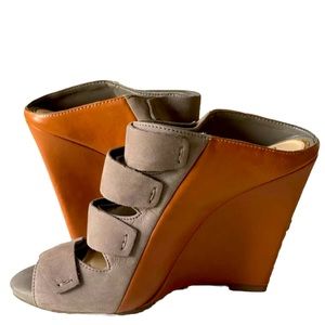 NWOT Jessica Simpson Leather Wedge Sandals | Grey, Cognac | Women’s Size 6.5